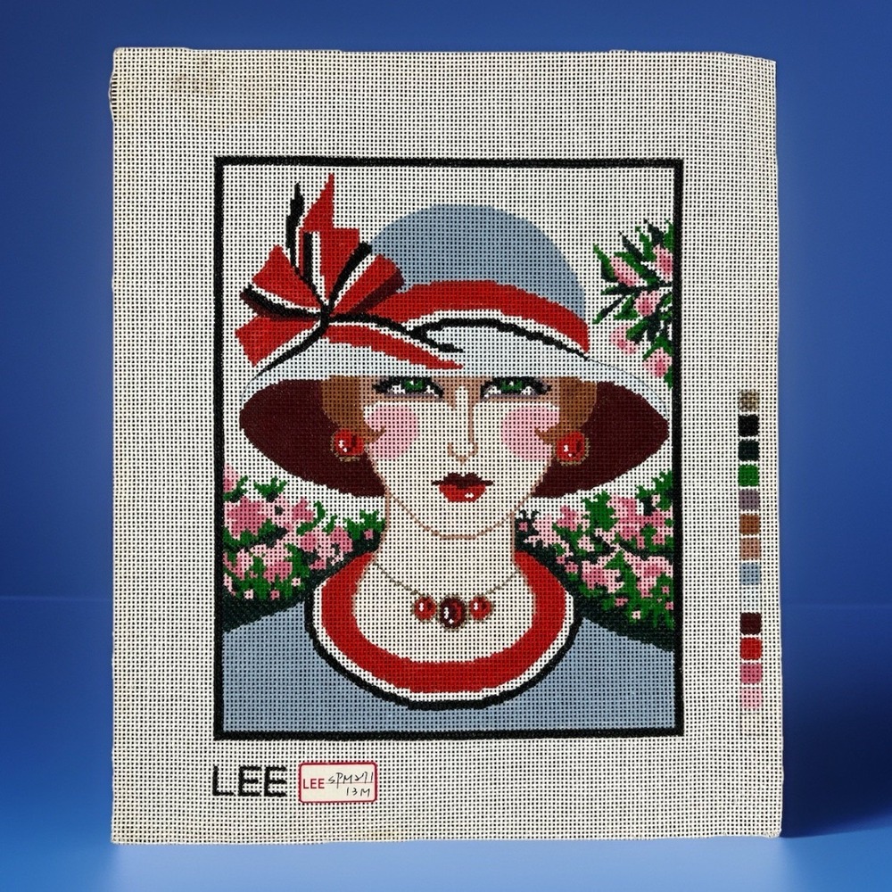 Lee Handpainted Needlepoint‎ Canvas Vogue Woman In Hat Floral